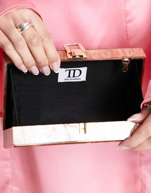 True Decadence structured box clutch bag in silver satin with pearl handle