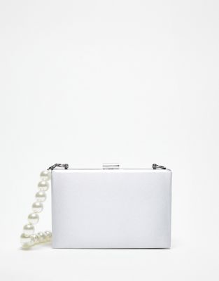 True Decadence True Decadence structured box clutch bag in silver satin with pearl handle-White