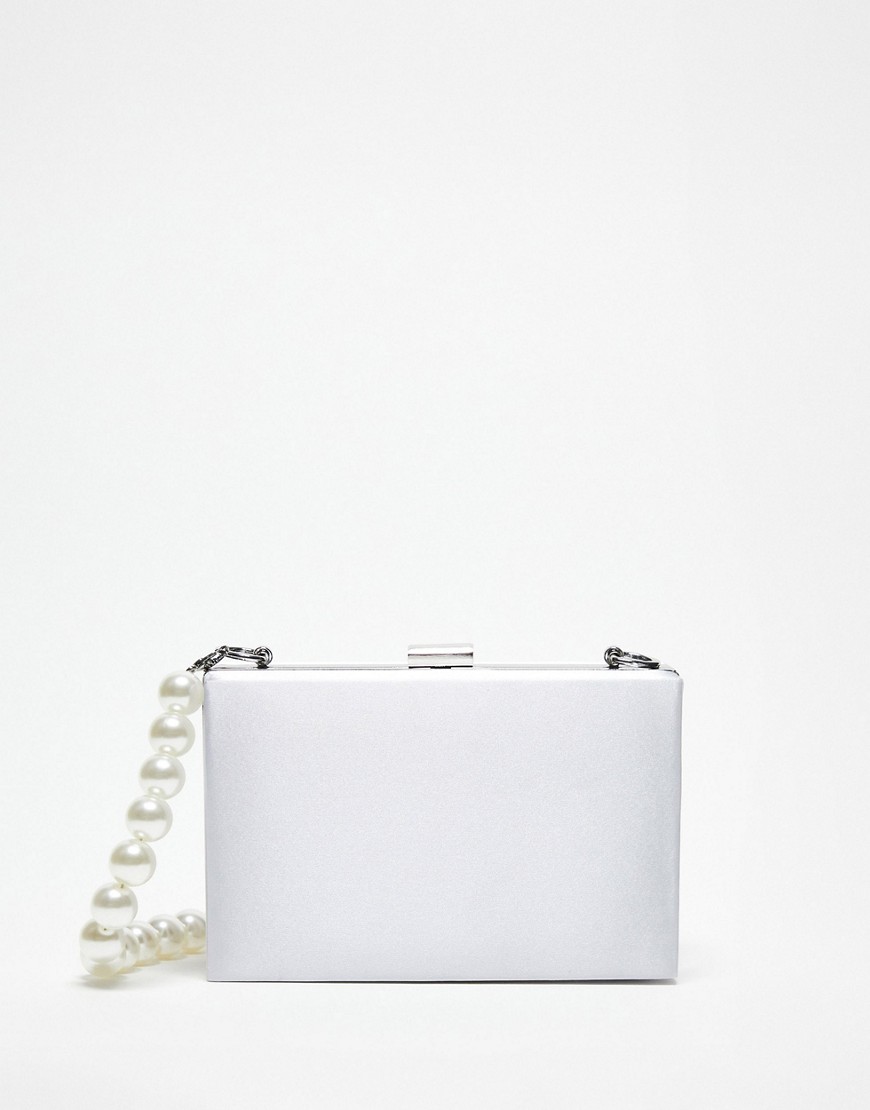 structured box clutch bag in silver satin with pearl handle-White