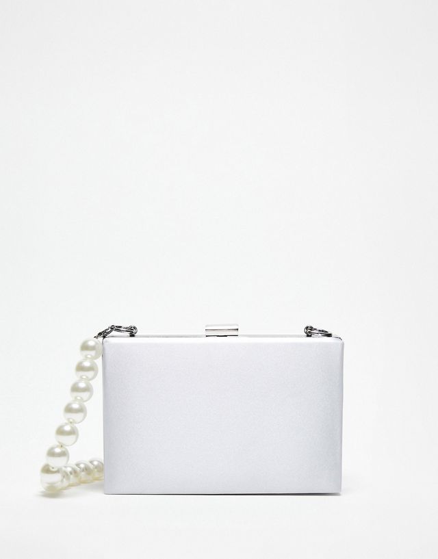 True Decadence structured box clutch bag in silver satin with pearl handle