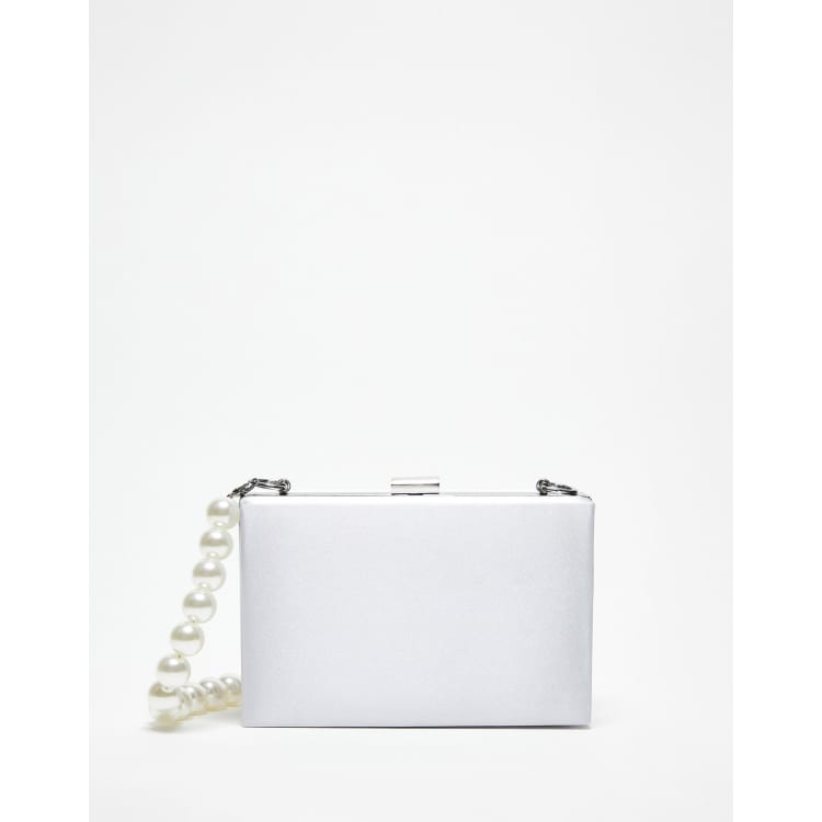 True Decadence structured box clutch bag in silver satin with pearl handle