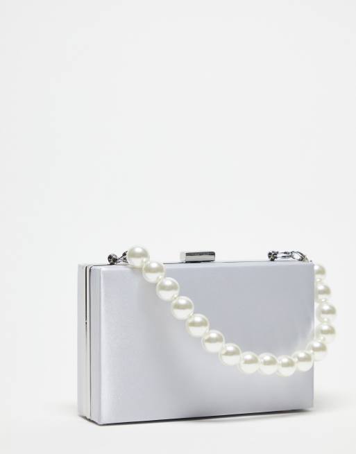 True Decadence Structured Box Clutch Bag in Silver Satin with Pearl Handle-White