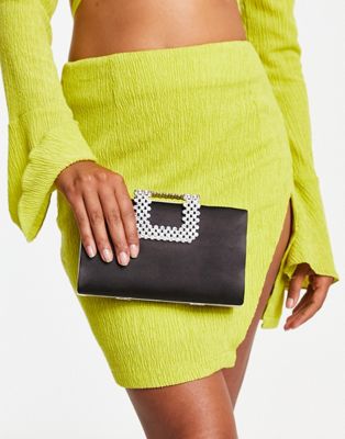 True Decadence structured clutch in black satin with crystal clasp