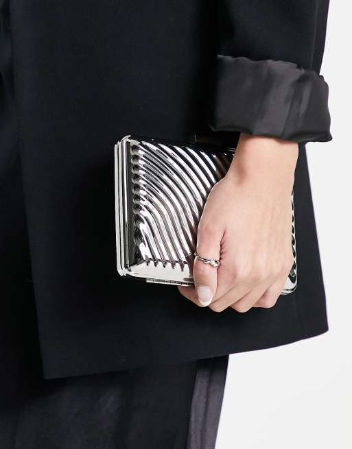 True Decadence structured box clutch bag in silver satin with pearl handle