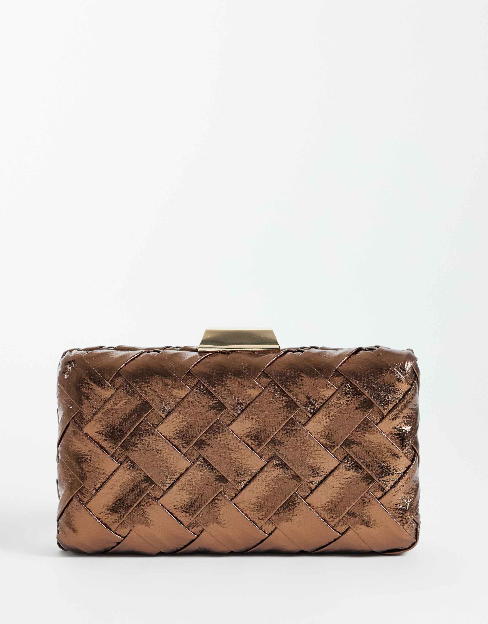 true decadence structured woven clutch bag in chocolate brown