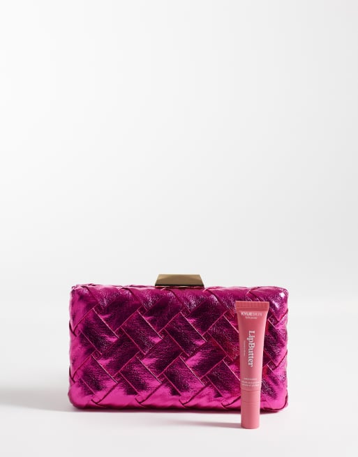 True Decadence structured woven clutch bag in metallic pink, 2 of 4