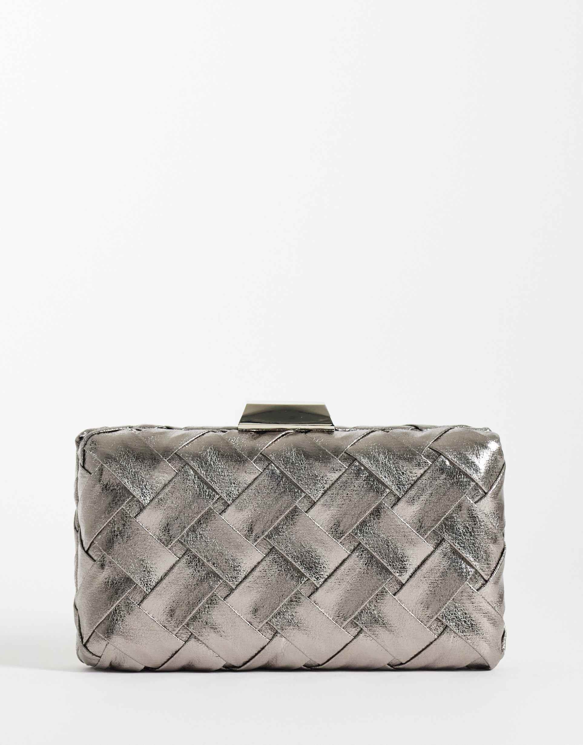 true decadence structured woven clutch purse in silver-tone metallic
