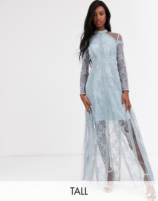True Decadence Tall long sleeve contrast lace maxi dress in blue
