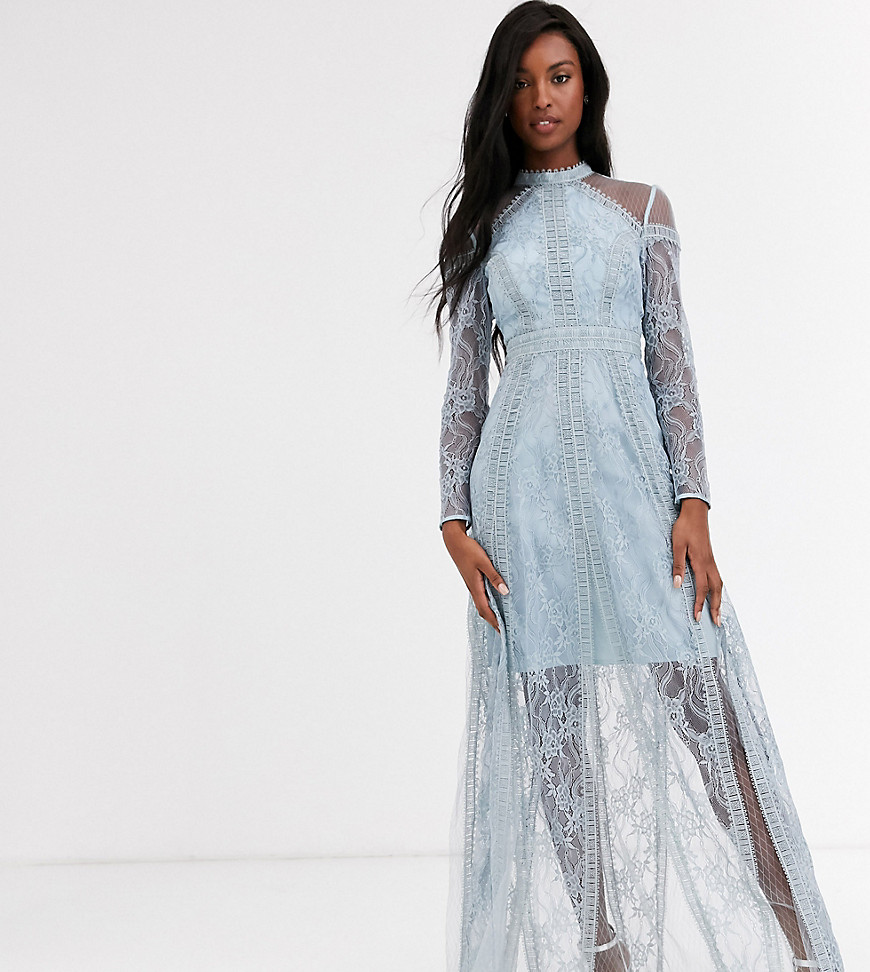 True Decadence Tall long sleeve contrast lace maxi dress in blue