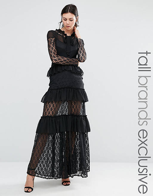 True Decadence Tall Long Sleeve Tiered Lace Frill Maxi Dress | ASOS