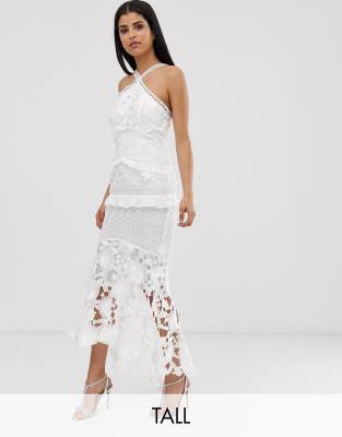 True Decadence Tall premium lace midi dress with high low hem in white