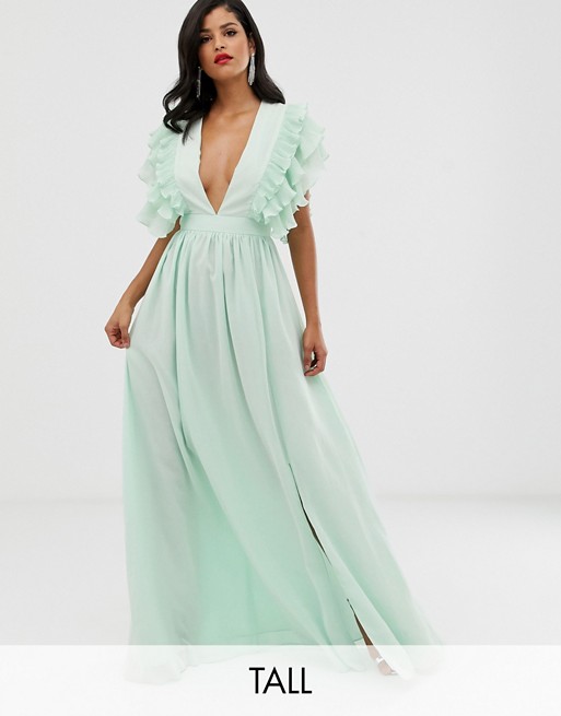 True Decadence Tall premium plunge front maxi dress with shoulder detail in soft mint