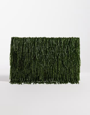 True Decadence tassel embellished envelope clutch bag in olive green 