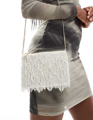 True Decadence Tassle Clutch Bag With Crossbody Chain In Cream-white