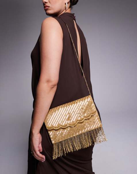 True Decadence tassle embellished envelope clutch bag in gold - view 1