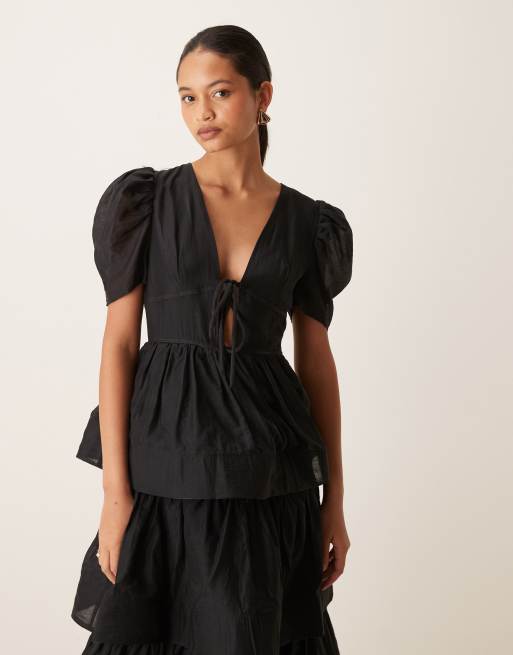 True Decadence Tie front tiered maxi dress in black, 2 of 4