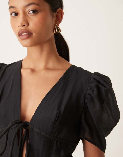 True Decadence Tie front tiered maxi dress in black, 3 of 4