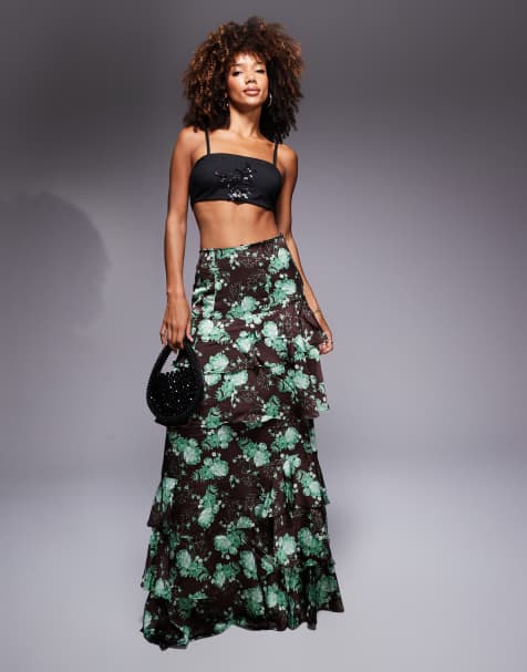 True Decadence Tiered high waisted maxi skirt in brown sage rose