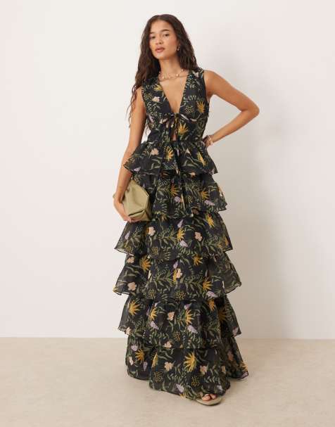 True Decadence Tiered maxi dress in black stem floral