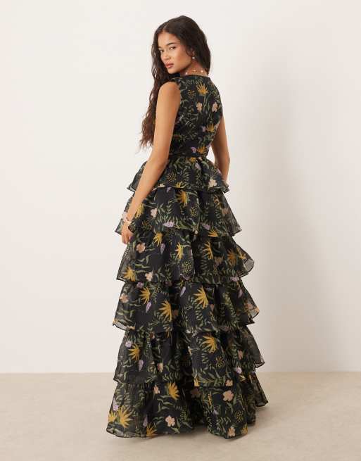 True Decadence Tiered maxi dress in black stem floral ASOS - Main Image