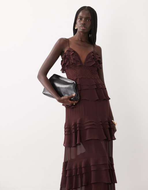 True Decadence Tiered ruffle maxi dress in deep brown, 2 of 4
