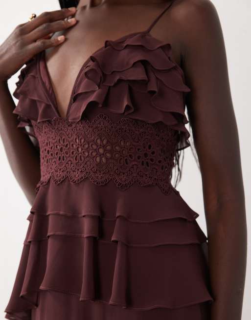 True Decadence Tiered ruffle maxi dress in deep brown, 3 of 4