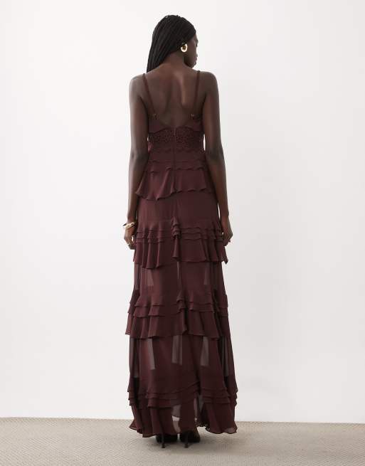 True Decadence Tiered ruffle maxi dress in deep brown, 4 of 4