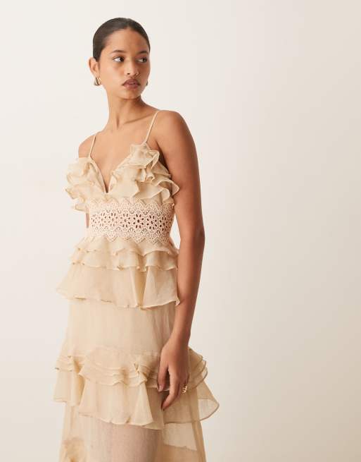 True Decadence Tiered ruffle maxi dress in stone, 3 of 4