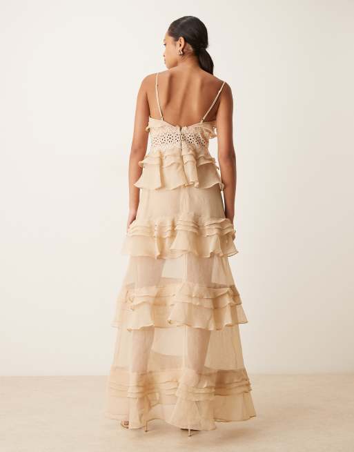 True Decadence Tiered ruffle maxi dress in stone, 4 of 4