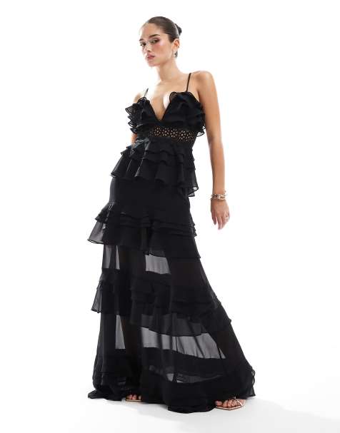 True Decadence Tiered ruffle maxi dress with spaghetti strap in black