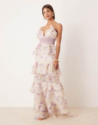 True Decadence Tiered ruffle maxi dress with spaghetti strap in green lilac watercolour-Multi