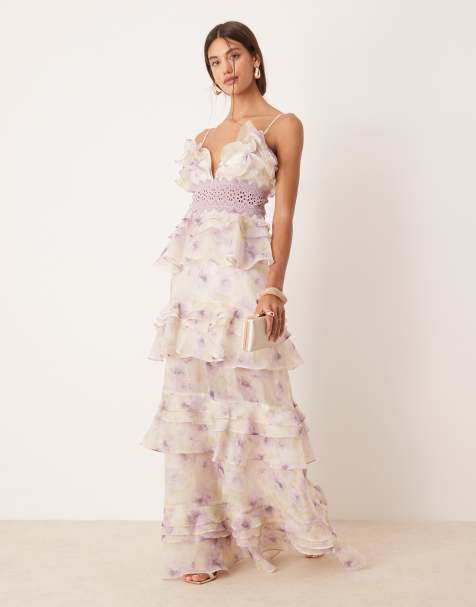 True Decadence Tiered ruffle maxi dress with spaghetti strap in green lilac watercolour