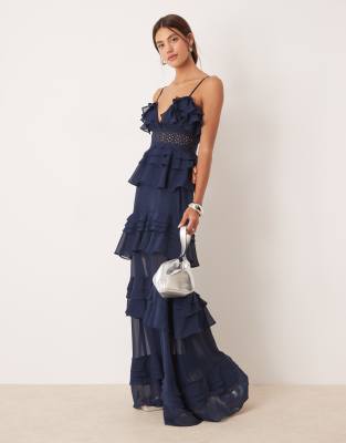 True Decadence Tiered ruffle maxi dress with spaghetti strap in navy