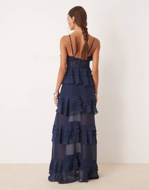 True Decadence Tiered ruffle maxi dress with spaghetti strap in navy, 3 of 4
