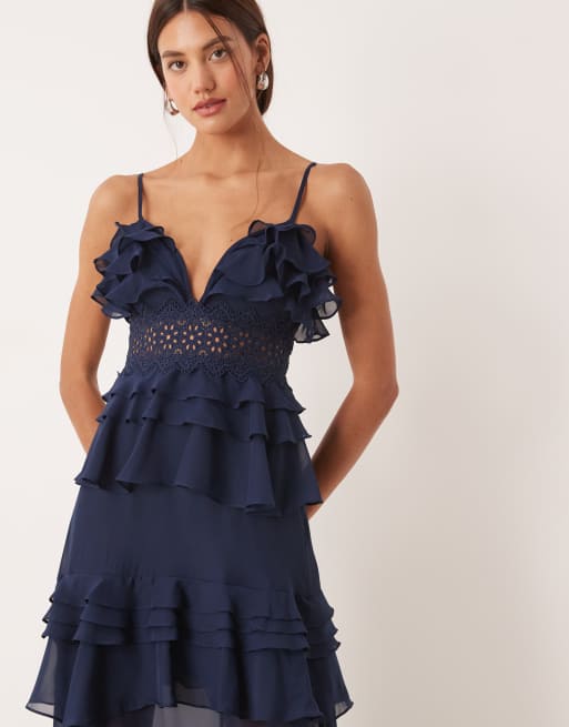 True Decadence Tiered ruffle maxi dress with spaghetti strap in navy, 4 of 4