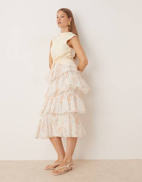 True Decadence Tiered ruffle midi skirt in cream watercolour organza
