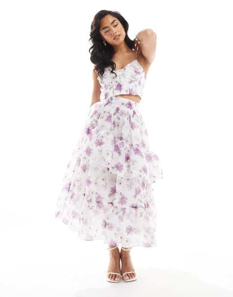 True Decadence Tiered ruffle midi skirt in lilac floral organza