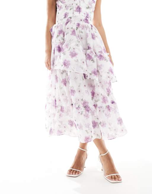 True Decadence Tiered ruffle midi skirt in lilac floral organza, 2 of 5