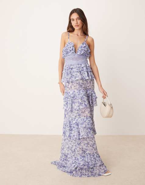 True Decadence Tiered ruffle v-neck maxi dress in blue folk floral