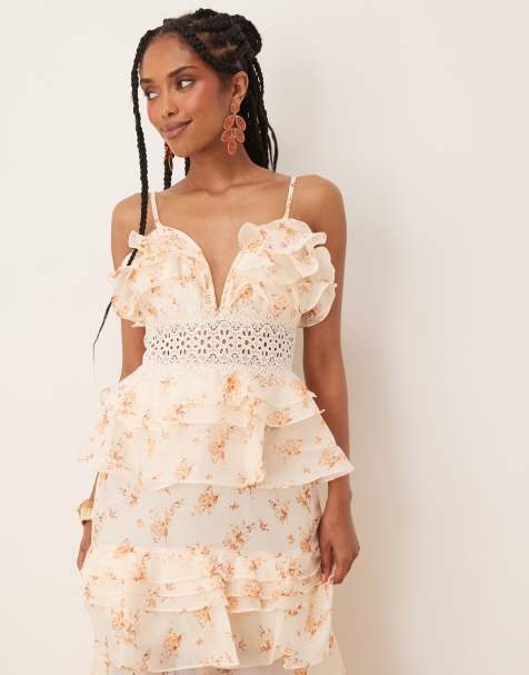 True Decadence Tiered ruffle v-neck maxi dress in cream orange floral