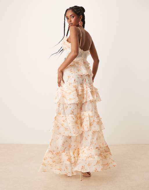 True Decadence Tiered ruffle v-neck maxi dress in cream orange