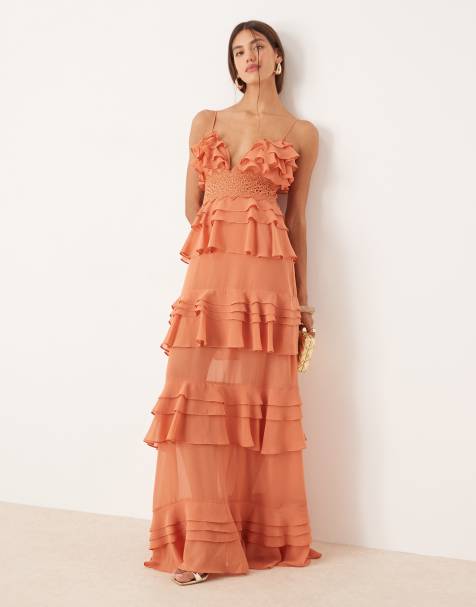 True Decadence Tiered ruffle v-neck maxi dress in soft rust