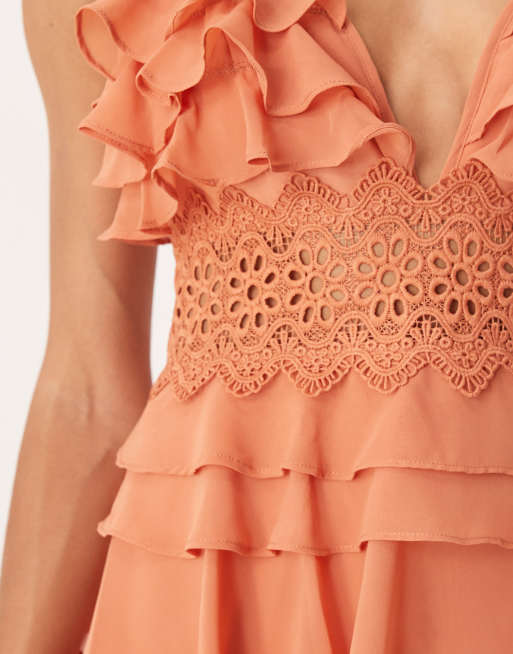True Decadence Tiered ruffle v-neck maxi dress in soft rust, 2 of 4