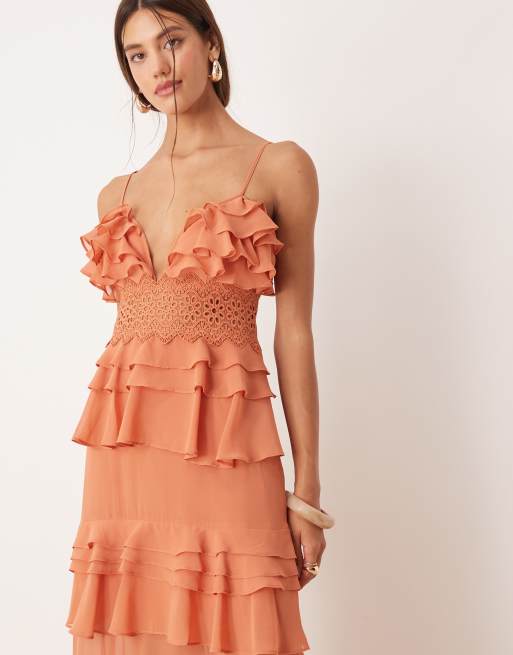 True Decadence Tiered ruffle v-neck maxi dress in soft rust, 4 of 4