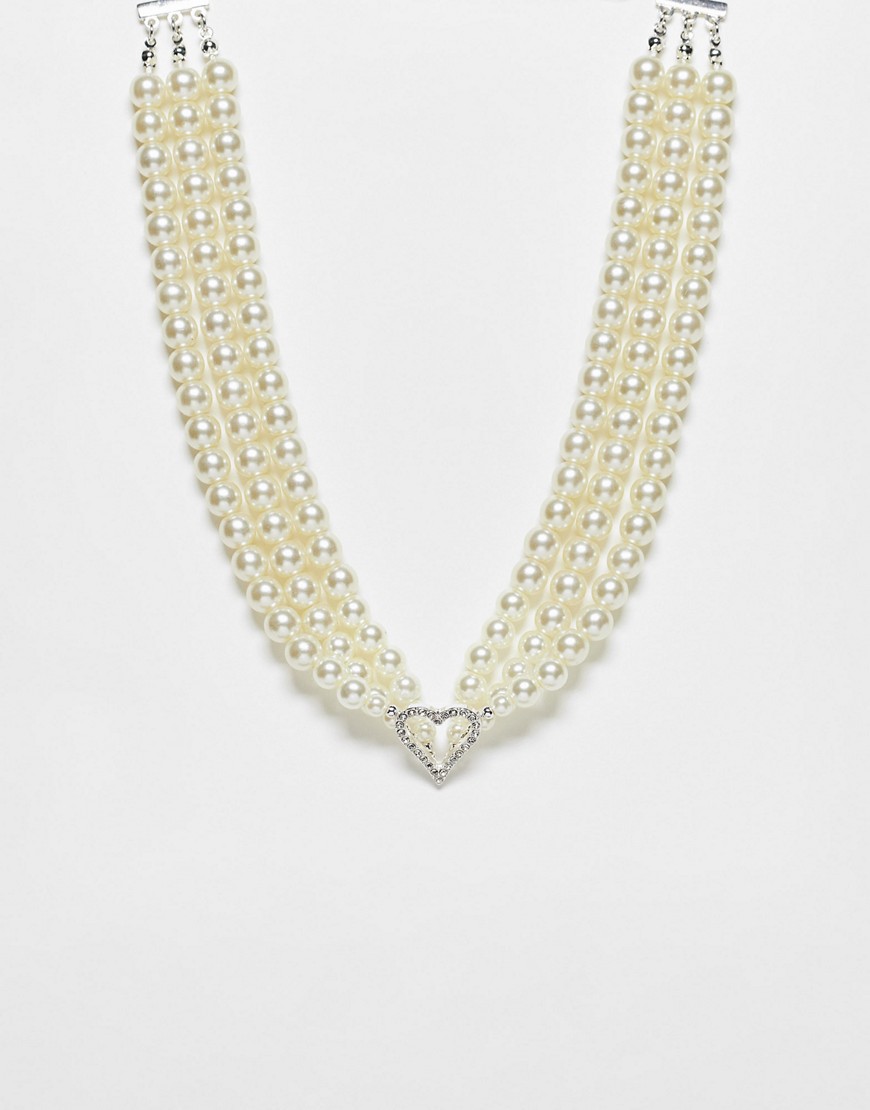triple row pearl necklace with heart pendant in silver-Gold