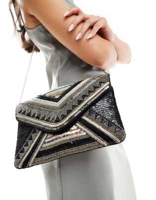 True Decadence - Umschlag-Clutch in Schwarz und Gold mit Perlenbesatz