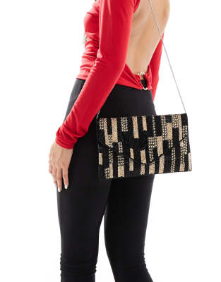 True Decadence - Umschlag-Clutch in Schwarz und Gold mit Perlenbesatz