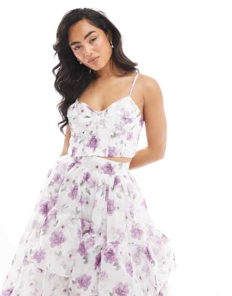 True Decadence V-neck crop top in lilac floral organza