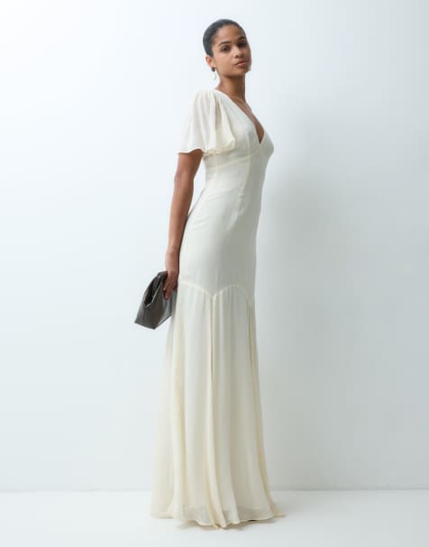 True Decadence V-neck flutter sleeve maxi dress in cream