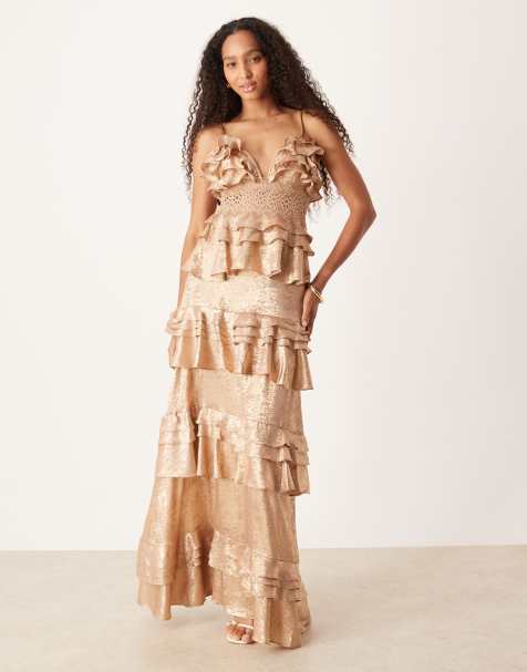 True Decadence V neck maxi dresses in dark metallic copper